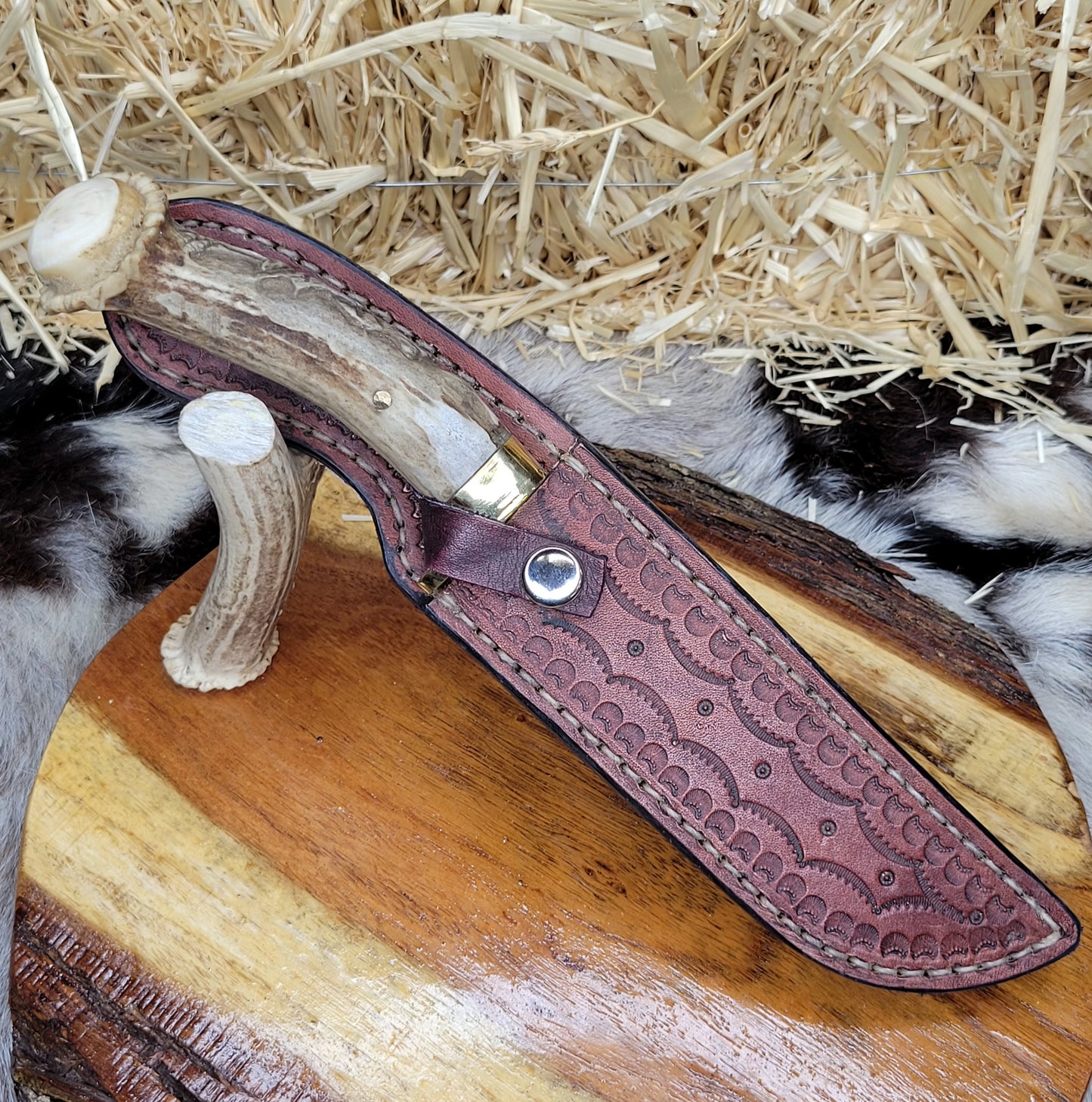 Cuchillo Cuerno de Venado Tallado Aguila, Lobo y Oso 11